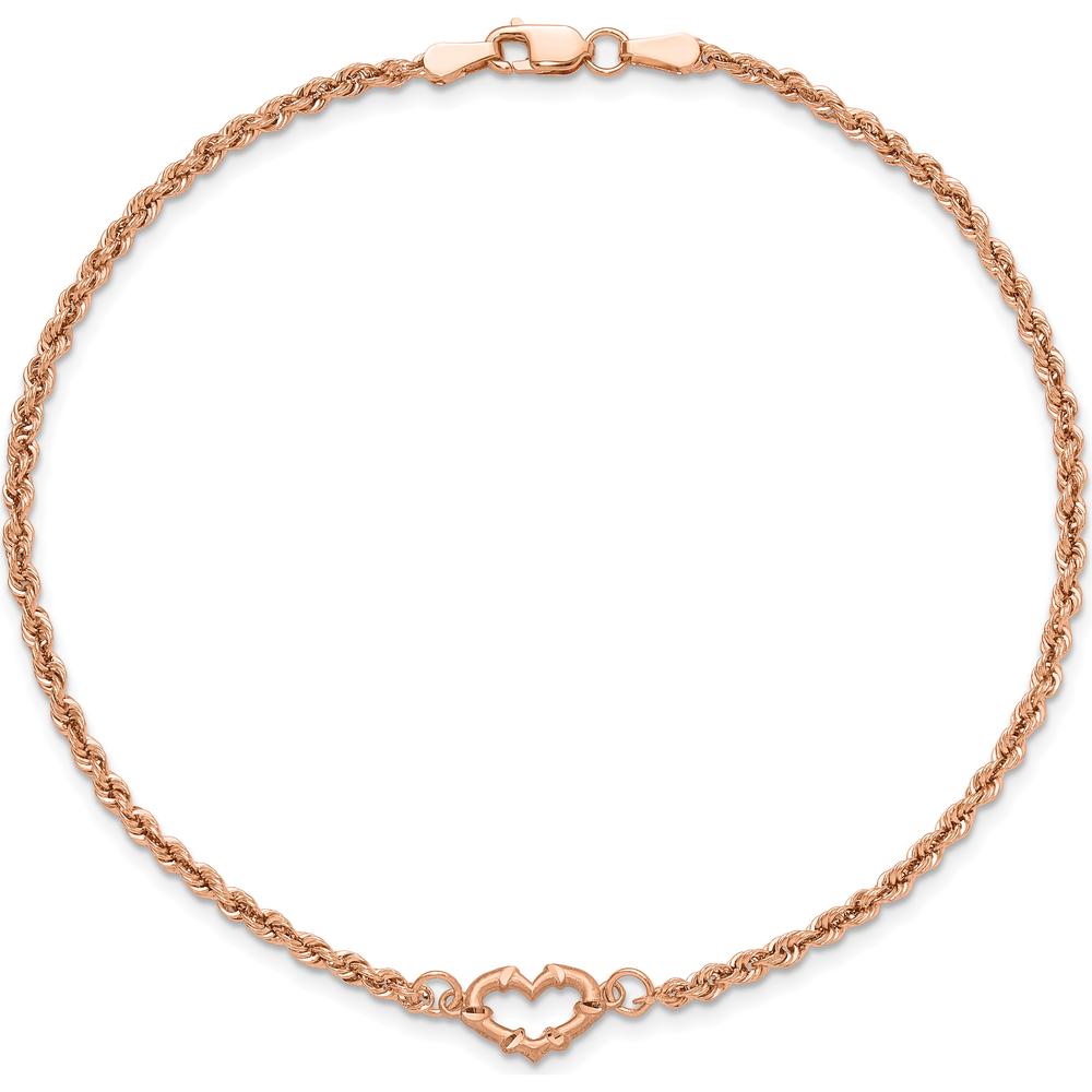 14K Rose Gold Diamond-cut Open Heart and Rope Chain Anklet - 10" Length