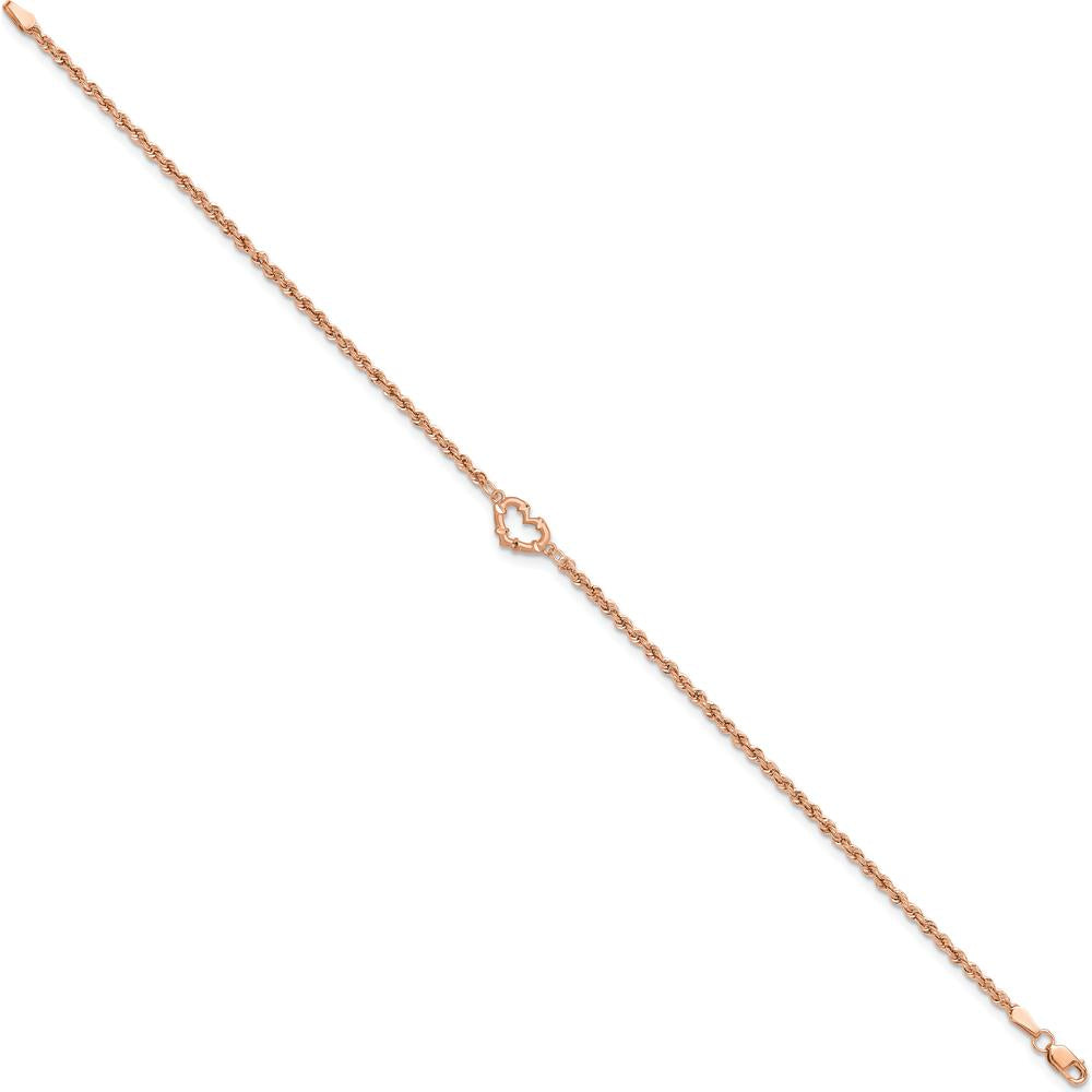 14K Rose Gold Diamond-Cut Open Heart and Rope Chain Anklet - 9"