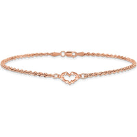 14K Rose Gold Diamond-Cut Open Heart and Rope Chain Anklet - 9"