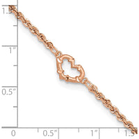 14K Rose Gold Diamond-Cut Open Heart and Rope Chain Anklet - 9"