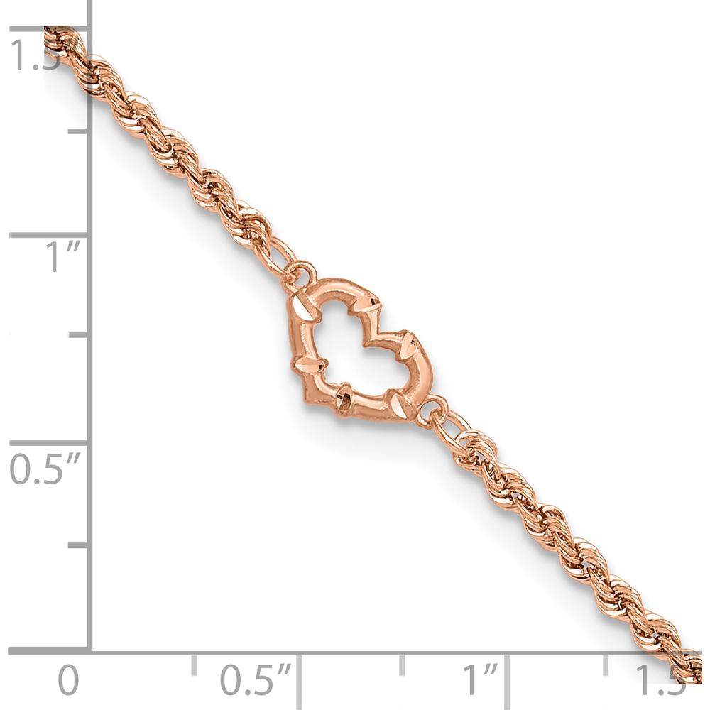 14K Rose Gold Diamond-Cut Open Heart and Rope Chain Anklet - 9"