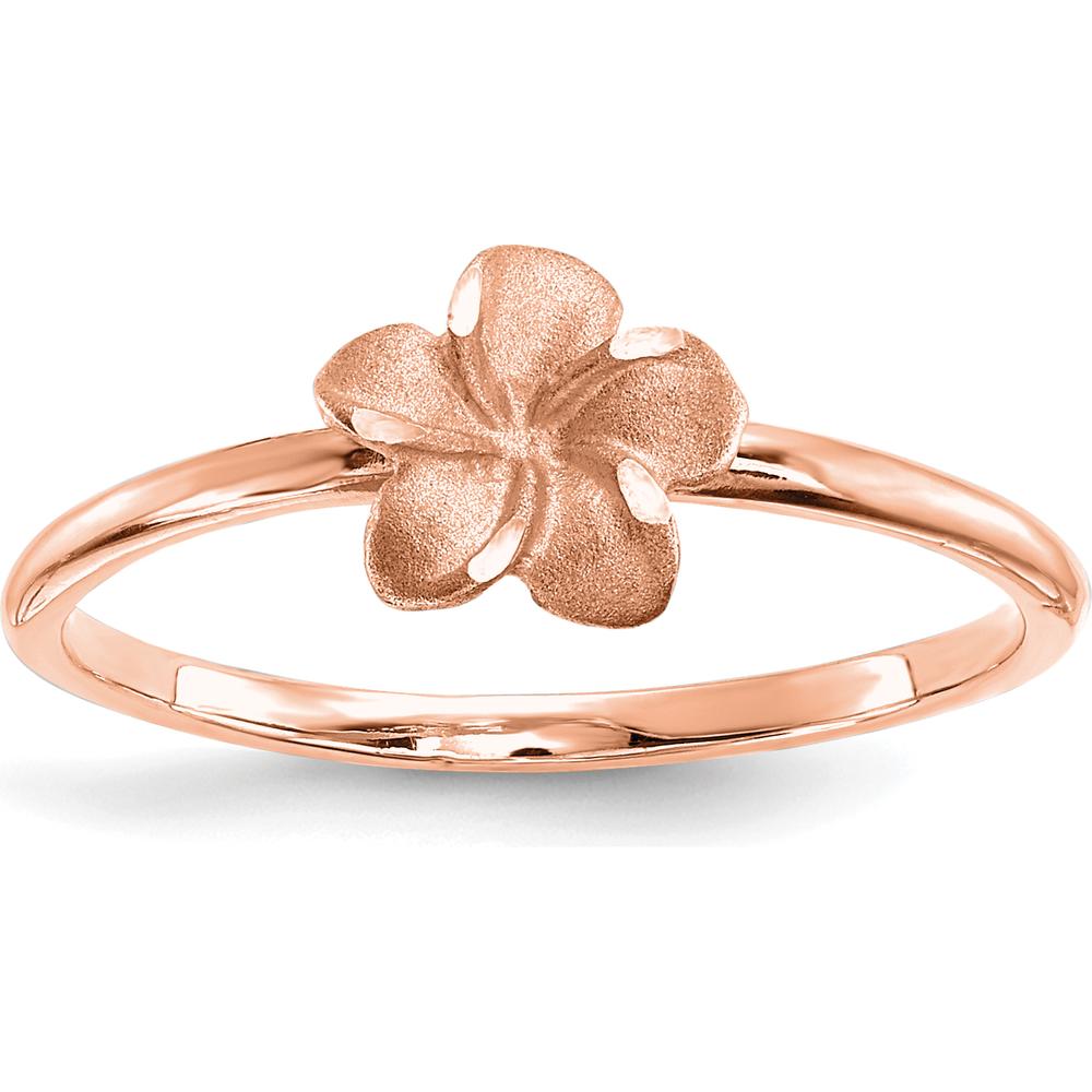 14K Rose Gold Diamond-Cut Plumeria Flower Ring - Floral Themed Solid Design by Oro Pregiato