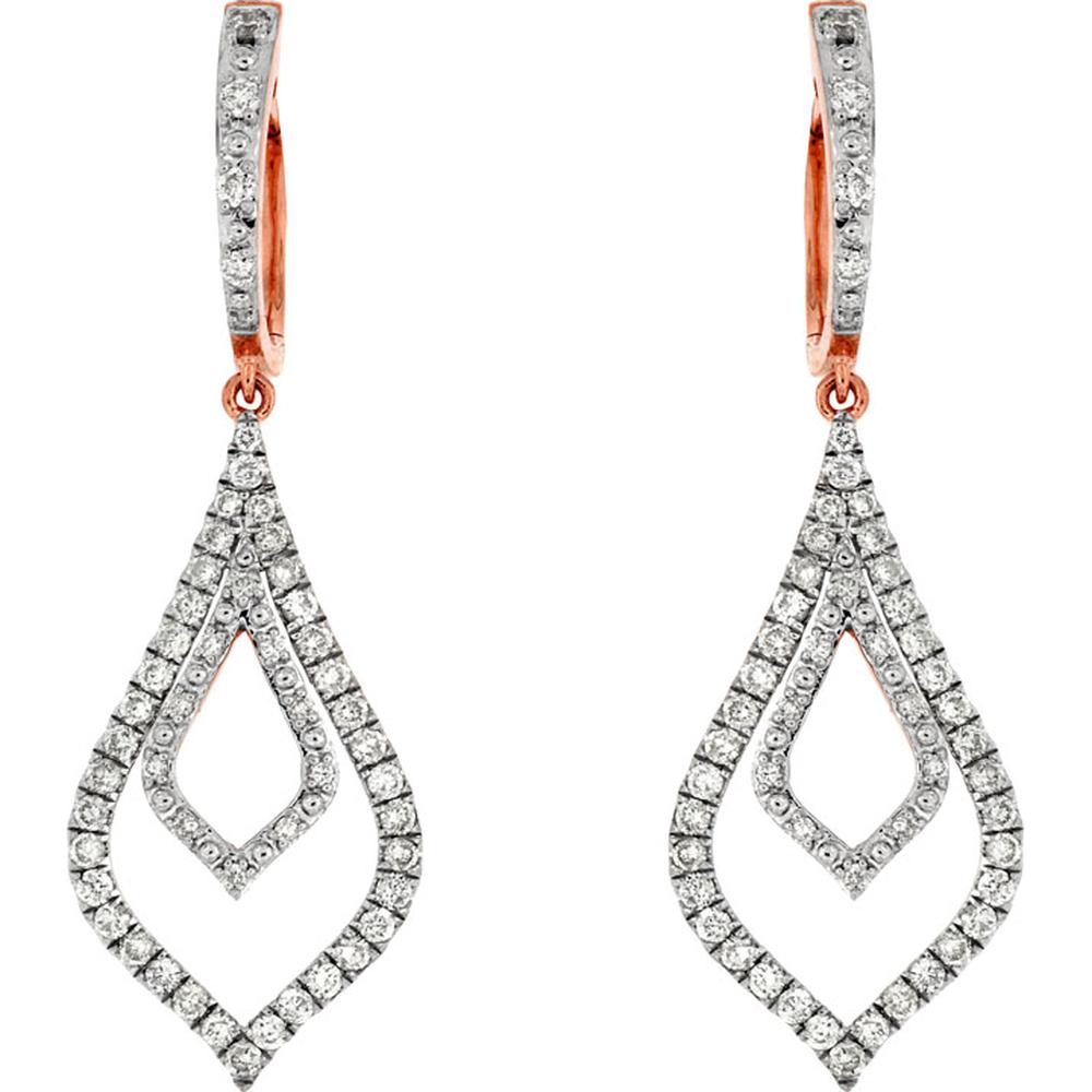 14K Rose Gold Diamond Drop Earrings with Pavé Set Round Diamonds - 0.75 Carat Total Diamond Weight - Royal Jewelry
