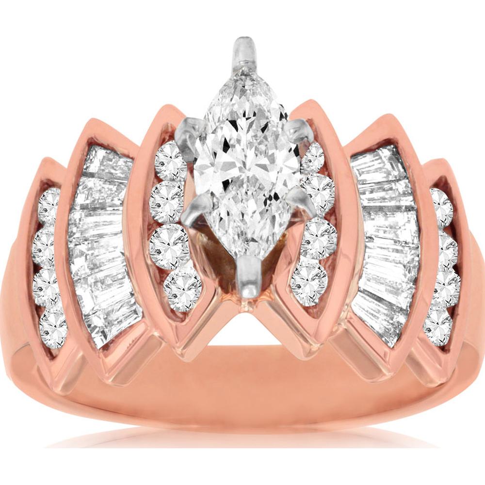 14K Rose Gold Diamond Engagement Ring with Round Center Stone - 1.45 Carats Total Diamond Weight