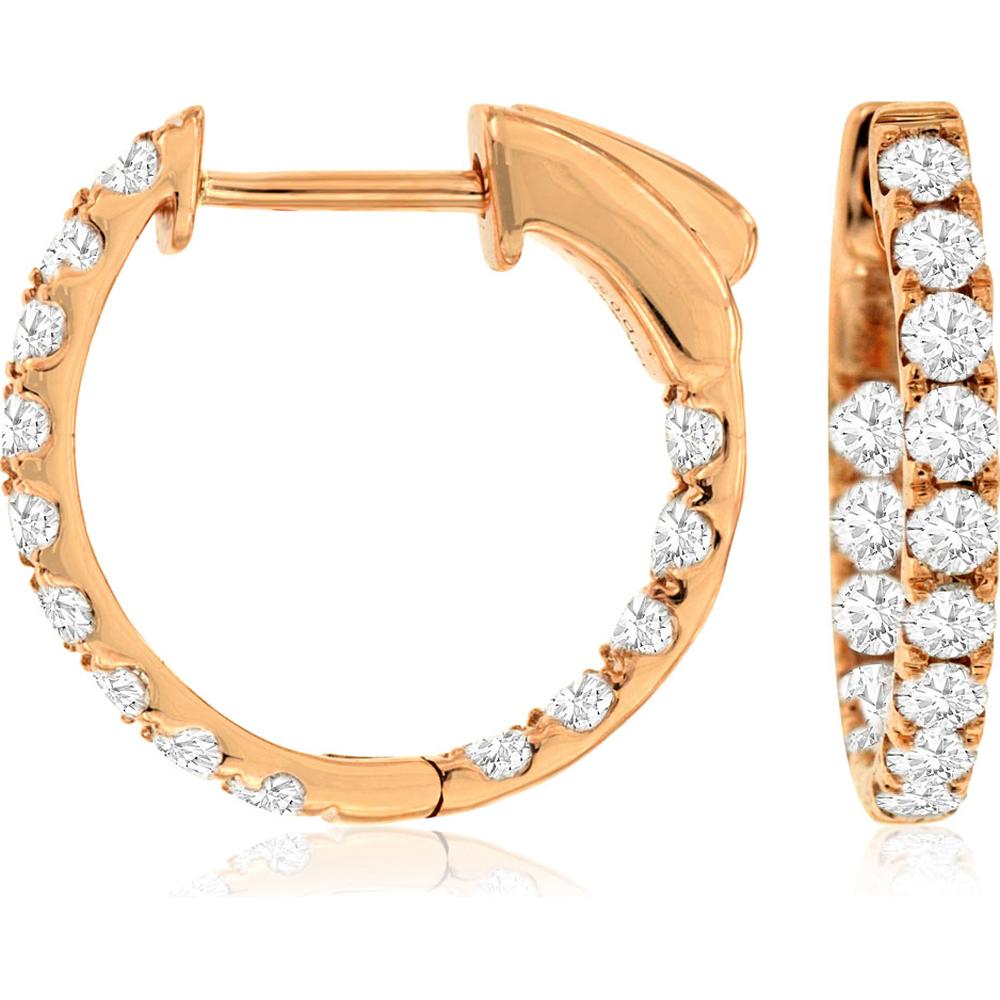 14K Rose Gold Diamond Hoop Earrings - 1.00 Carats Total Diamond Weight