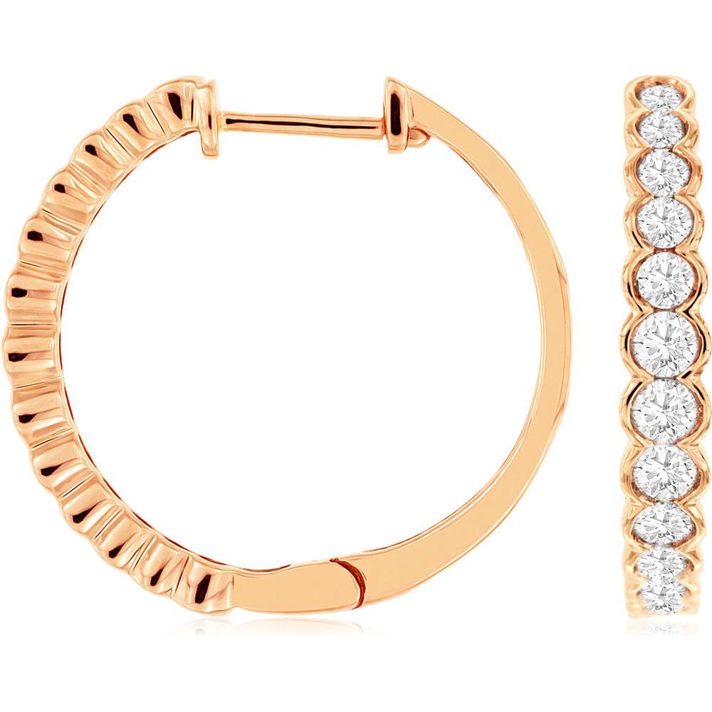 14K Rose Gold Diamond Hoop Earrings with Round Brilliant Diamonds - 1.00 Carats Total Diamond Weight