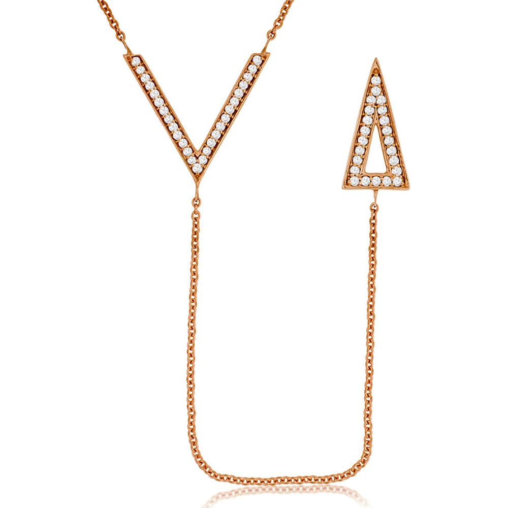 14K Rose Gold Diamond Initial Letter V and A Necklace with Dangling Chain Detail - 0.23 Carat Total Diamond Weight - Royal Jewelry