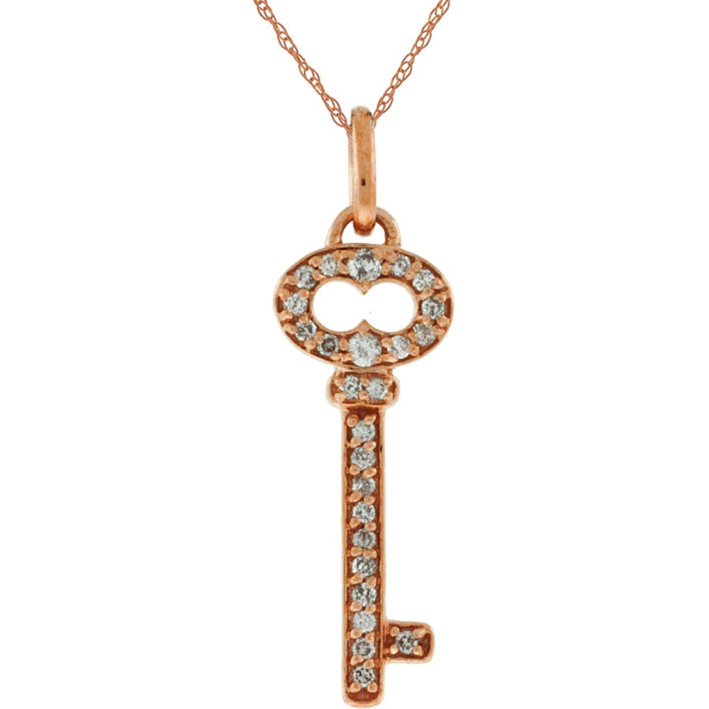 14K Rose Gold Diamond Key Pendant with Pave Set Round Diamonds and Milgrain Detail - 0.15 Carat Total Diamond Weight - Royal Jewelry