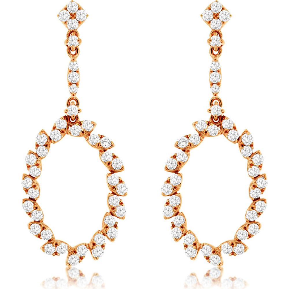 14K Rose Gold Diamond Oval Drop Earrings - 0.98 Carats Total Diamond Weight