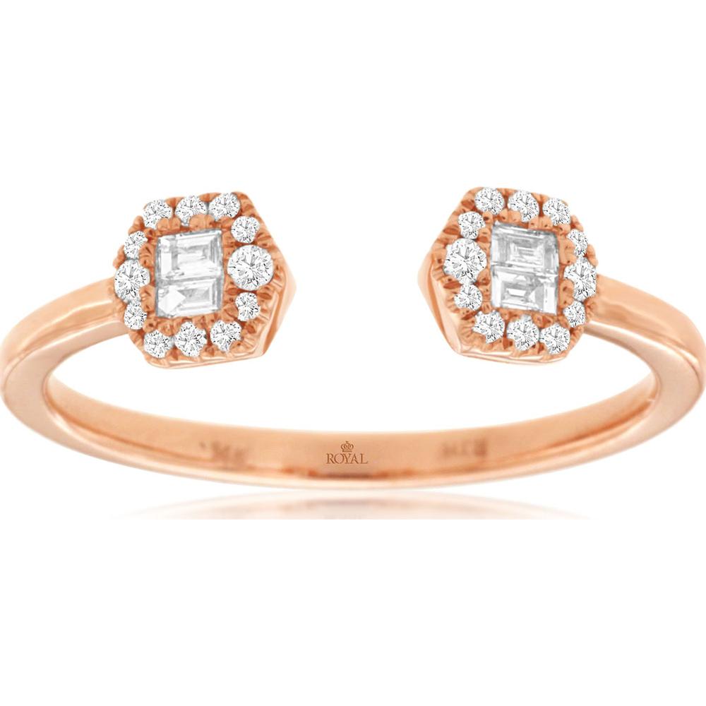 14K Rose Gold Diamond Ring with Halo Set Emerald-Cut and Round Brilliant Diamonds - 0.19 Carats Total Diamond Weight