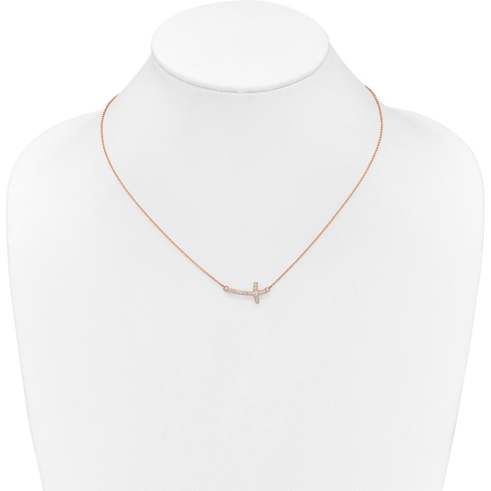 14K Rose Gold Diamond Sideways Cross Necklace - 1/10 Carat Total Diamond Weight by Oro Pregiato