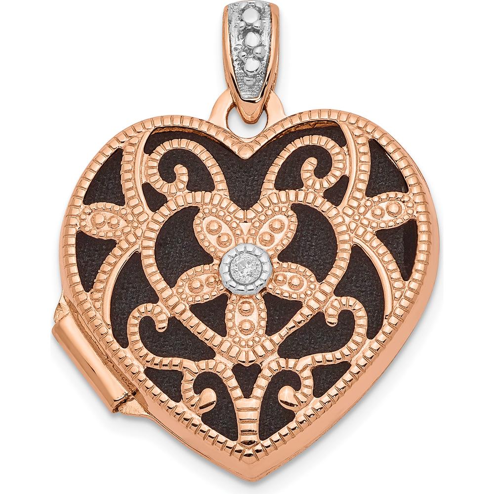 14K Rose Gold Diamond Vintage Filigree Heart Locket - 0.010 Carat Diamond by Monteluci Fine Jewelry