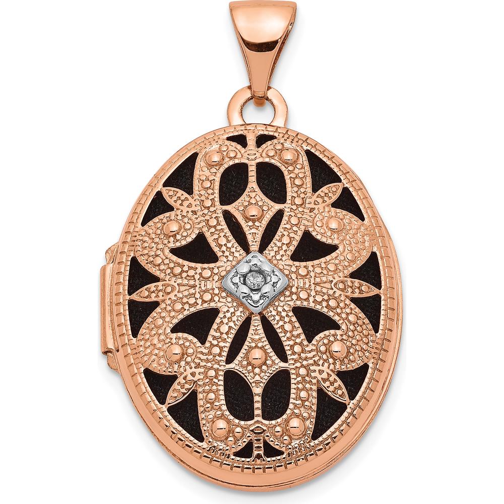 14K Rose Gold Diamond Vintage Filigree Locket with Black Fabric Interior - 0.005 Carat Diamond by Monteluci Fine Jewelry