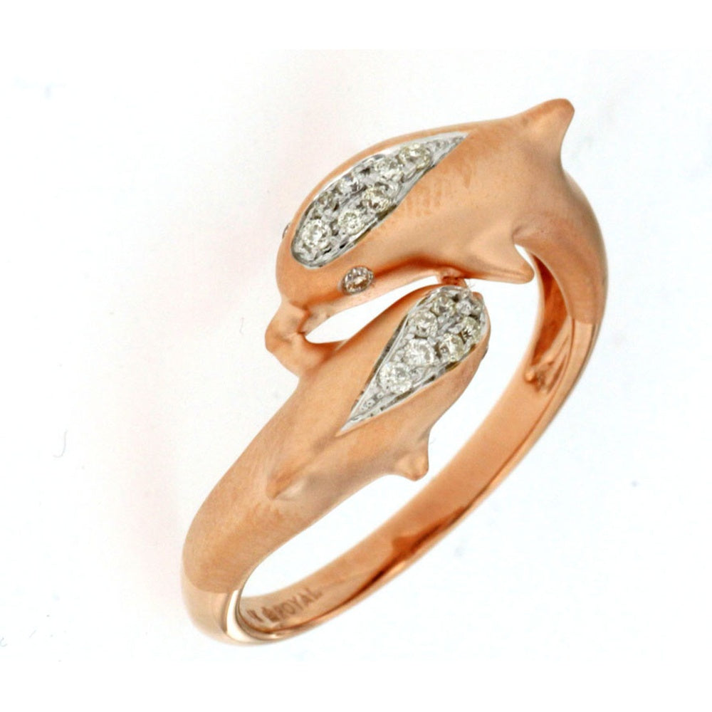 14K Rose Gold Double Dolphin Ring with Pavé Set Round Diamonds - 0.12 Carat Total Diamond Weight - Royal Jewelry