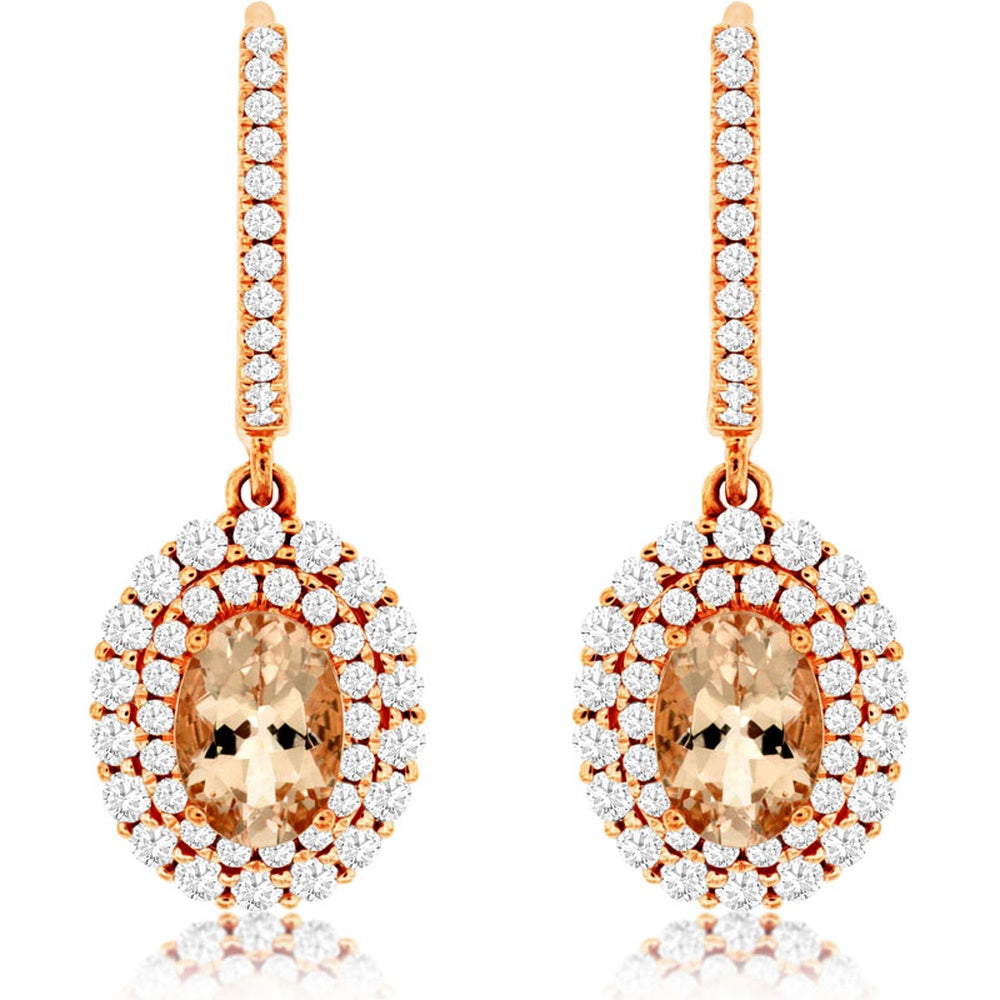 14K Rose Gold Double Halo Drop Earrings with Oval Morganite and Pavé Diamonds - 1.32 Carat Total Morganite Weight and 0.85 Carat Total Diamond Weight - Royal Jewelry