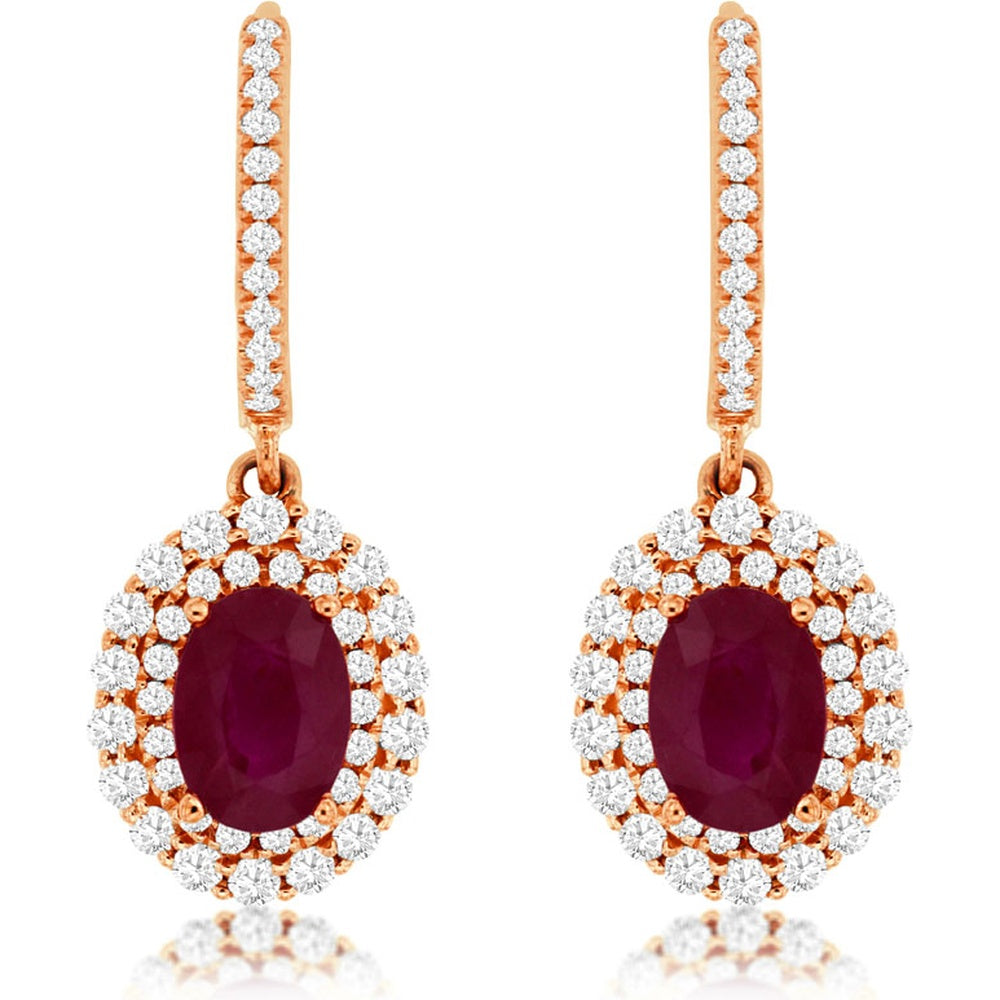 14K Rose Gold Double Halo Drop Earrings with Oval Rubies and Prong-Set Round Diamonds - 1.80 Carat Total Ruby Weight and 0.85 Carat Total Diamond Weight - Royal Jewelry