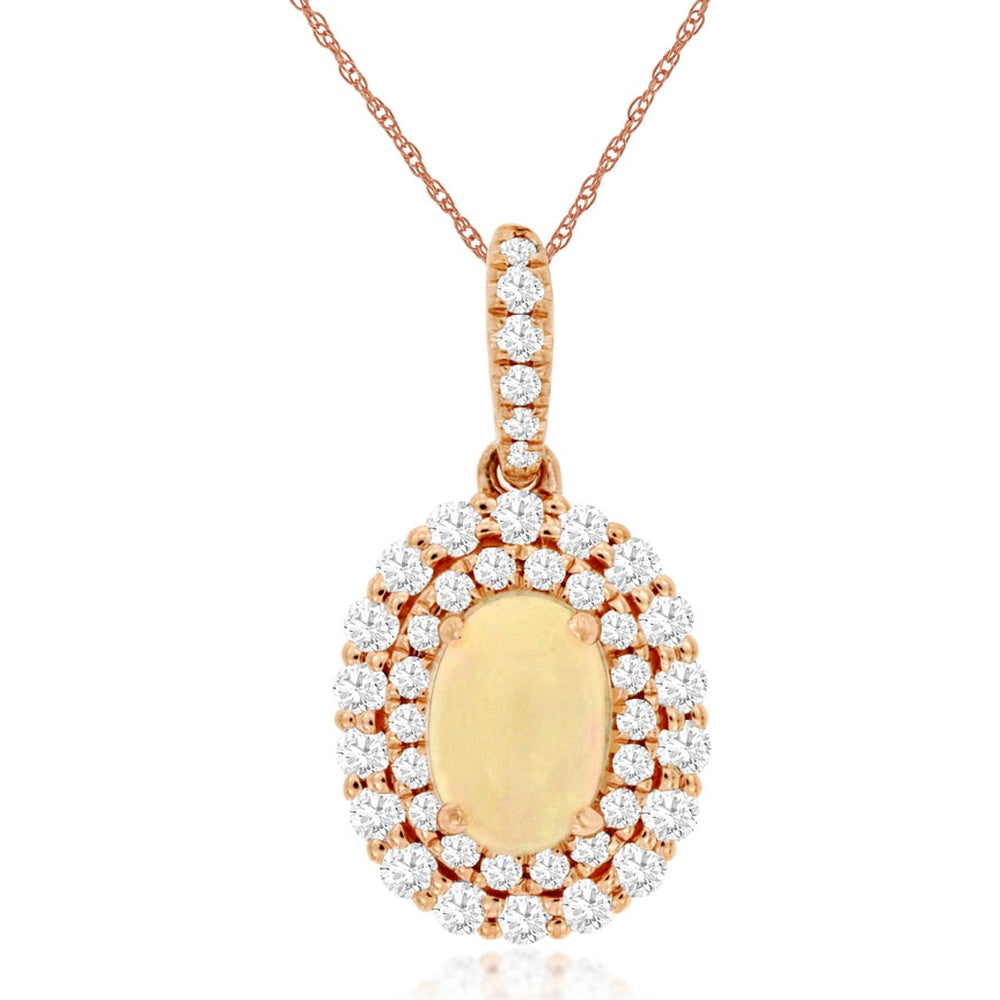 14K Rose Gold Double Halo Pendant with Oval Opal and Round Diamonds - 0.50 Carat Opal and 0.39 Carat Total Diamond Weight - Royal Jewelry