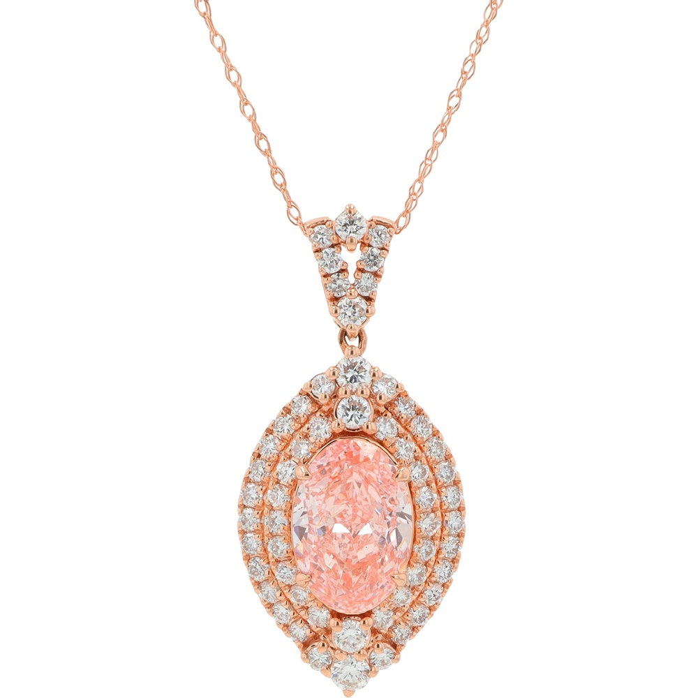 14K Rose Gold Double Halo Pendant with Pear-Shaped Lab Grown Fancy Pink Diamond - 3.00 Carat Total Diamond Weight