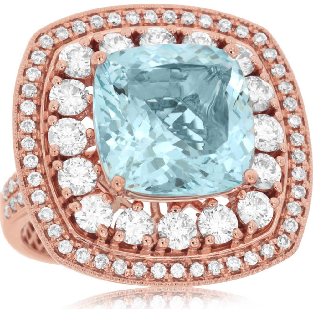 14K Rose Gold Double Halo Ring with 2.15 Carat Cushion Cut Aquamarine and 6.15 Carat Round Diamonds - Royal Jewelry