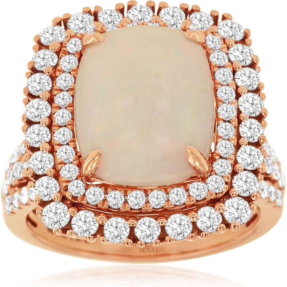 14K Rose Gold Double Halo Ring with Cushion-Cut Opal and Round Diamonds - 2.80 Carat Opal and 1.40 Carat Diamond Total Weight - Royal Jewelry