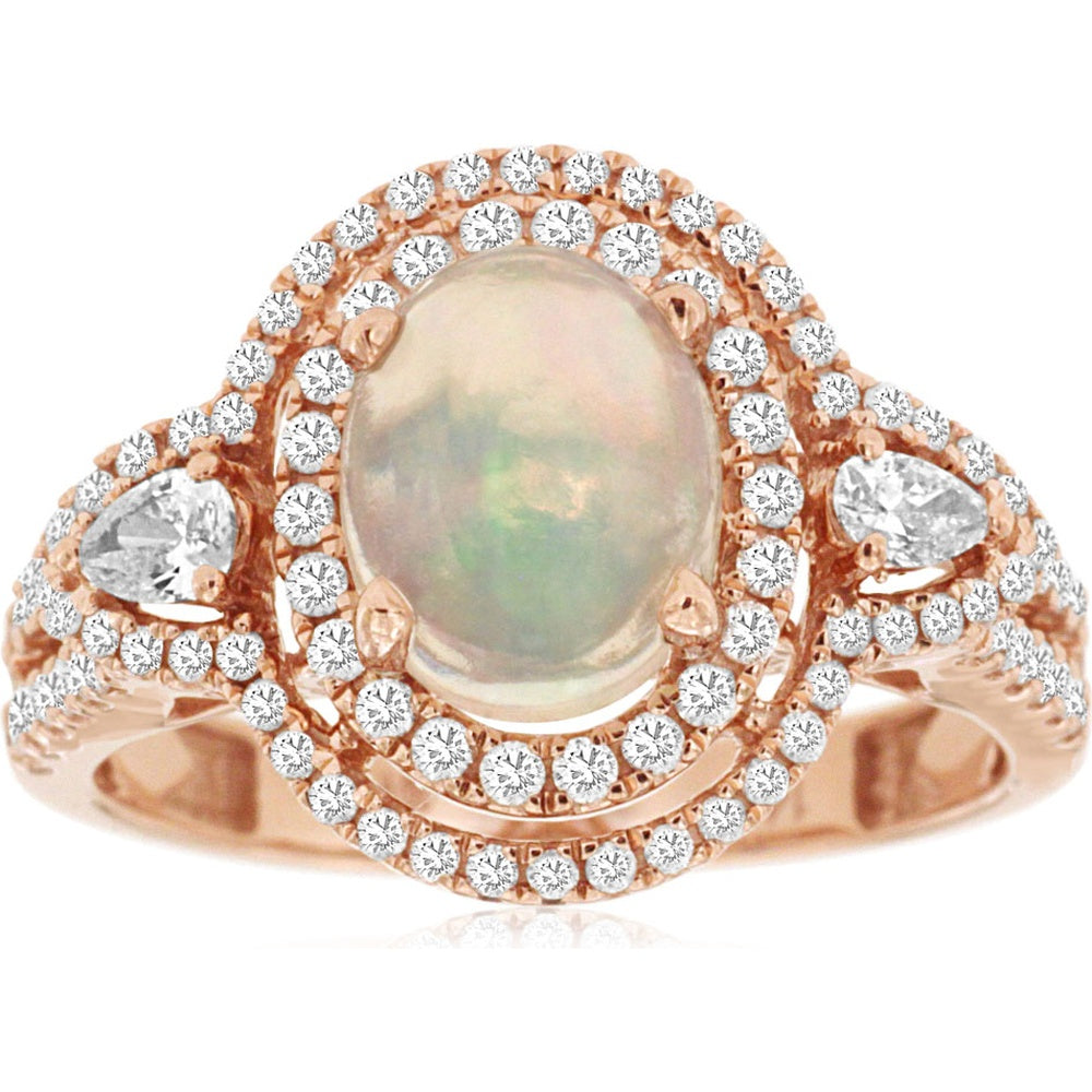 14K Rose Gold Double Halo Ring with Oval Cabochon Opal and Pear-Shaped Diamond Accents - 1.10 Carat Opal and 0.72 Carat Total Diamond Weight - Royal Jewelry