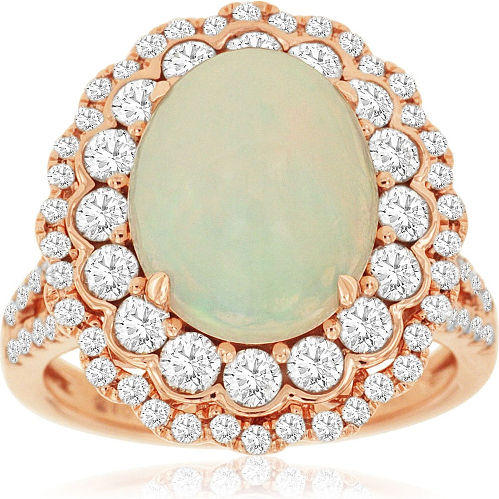 14K Rose Gold Double Halo Ring with Oval Cabochon Opal and Round Diamonds - 3.00 Carat Opal and 1.40 Carat Total Diamond Weight - Royal Jewelry