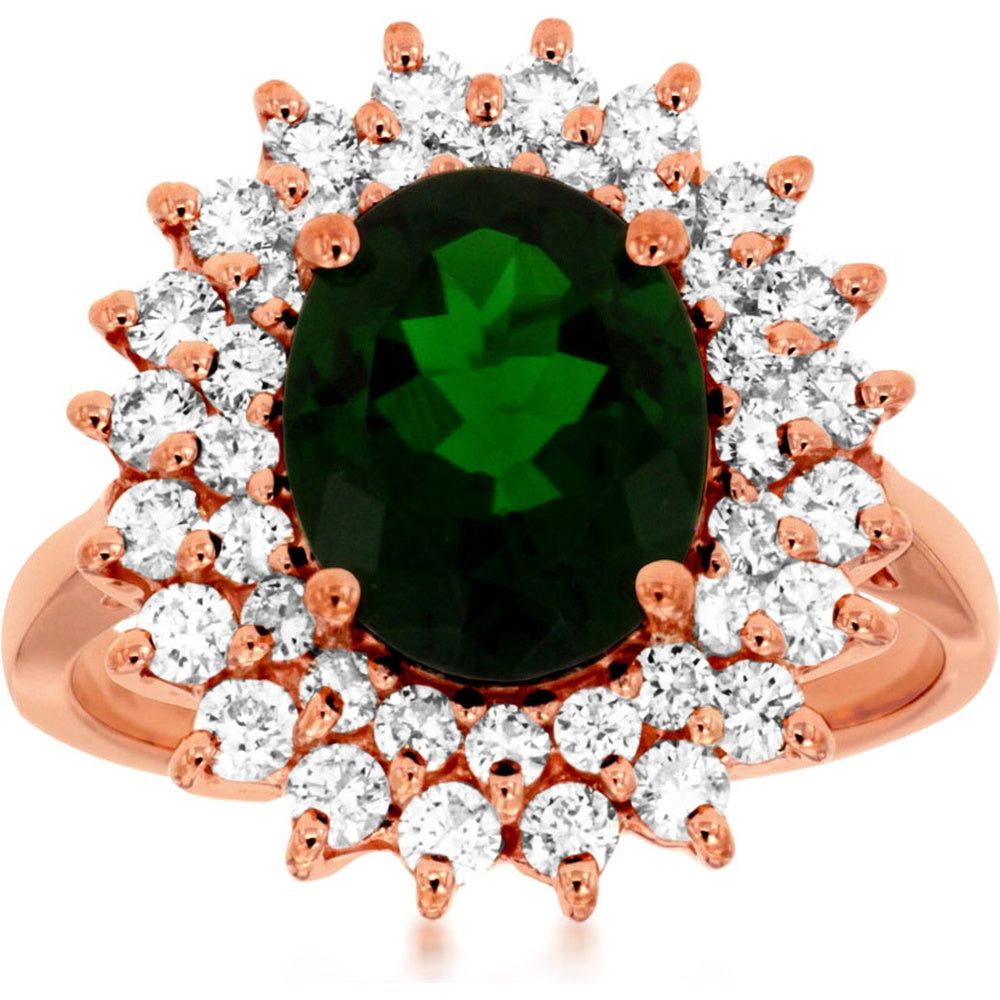14K Rose Gold Double Halo Ring with Oval Russalite and Round Diamonds - 2.45 Carat Russalite and 1.00 Carat Total Diamond Weight - Royal Jewelry