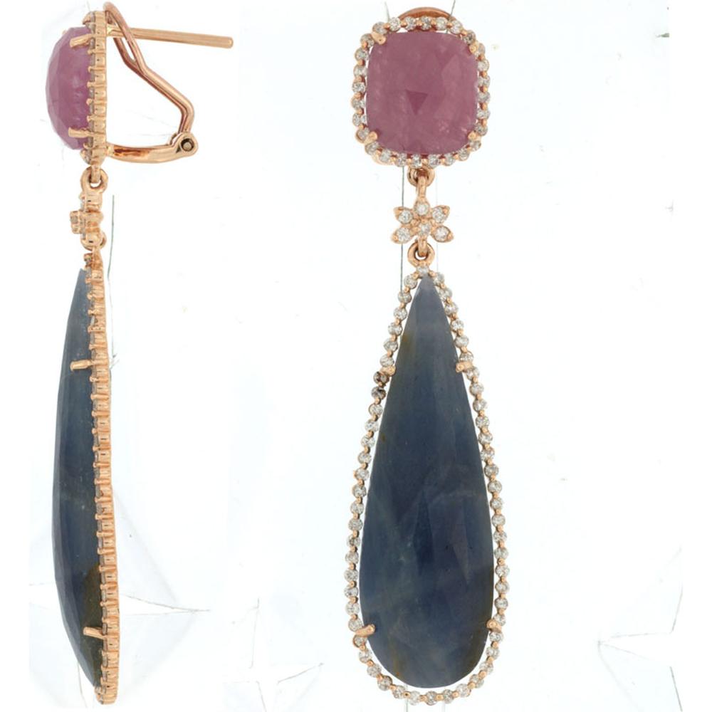 14K Rose Gold Drop Earrings with 2.00 Carats Total Diamond Weight and 40.00 Carats Total Fancy Sapphire Weight