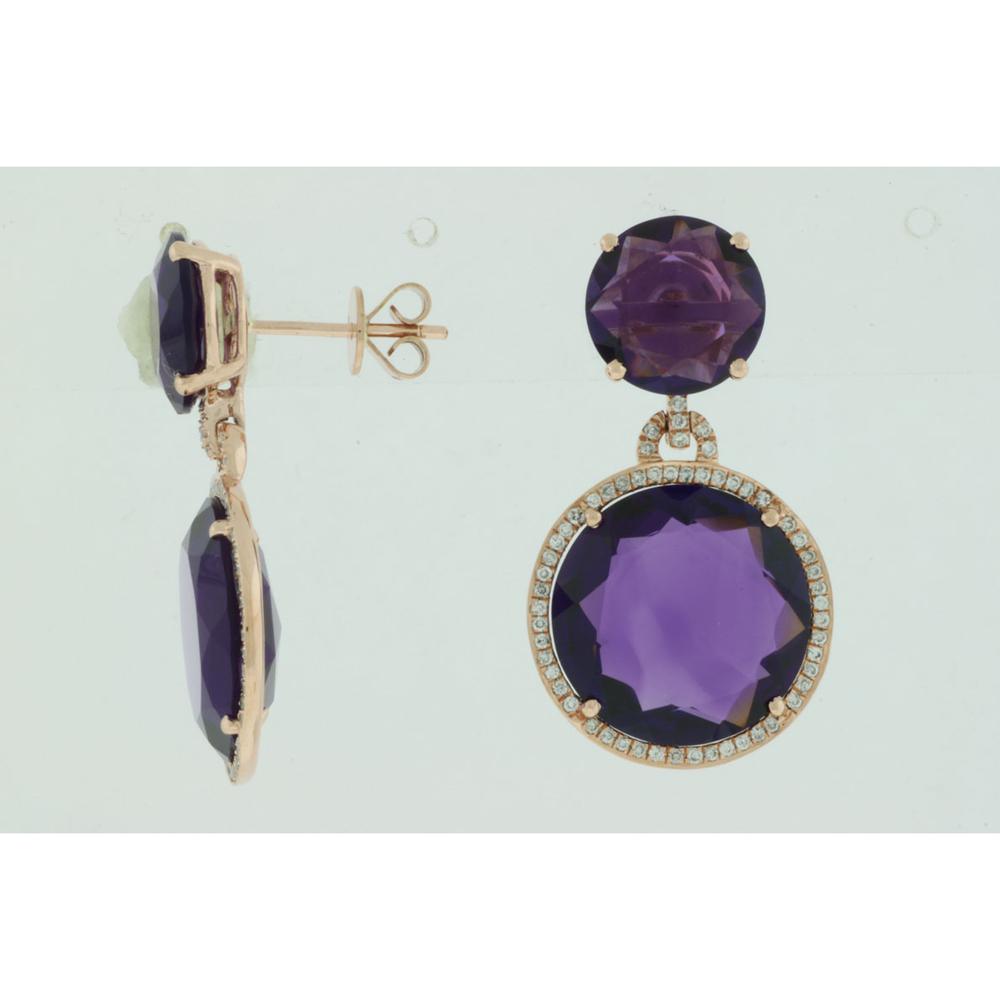 14K Rose Gold Drop Earrings with 24.00 Carat Round Amethyst and Diamond Halo - 1.00 Carats Total Diamond Weight