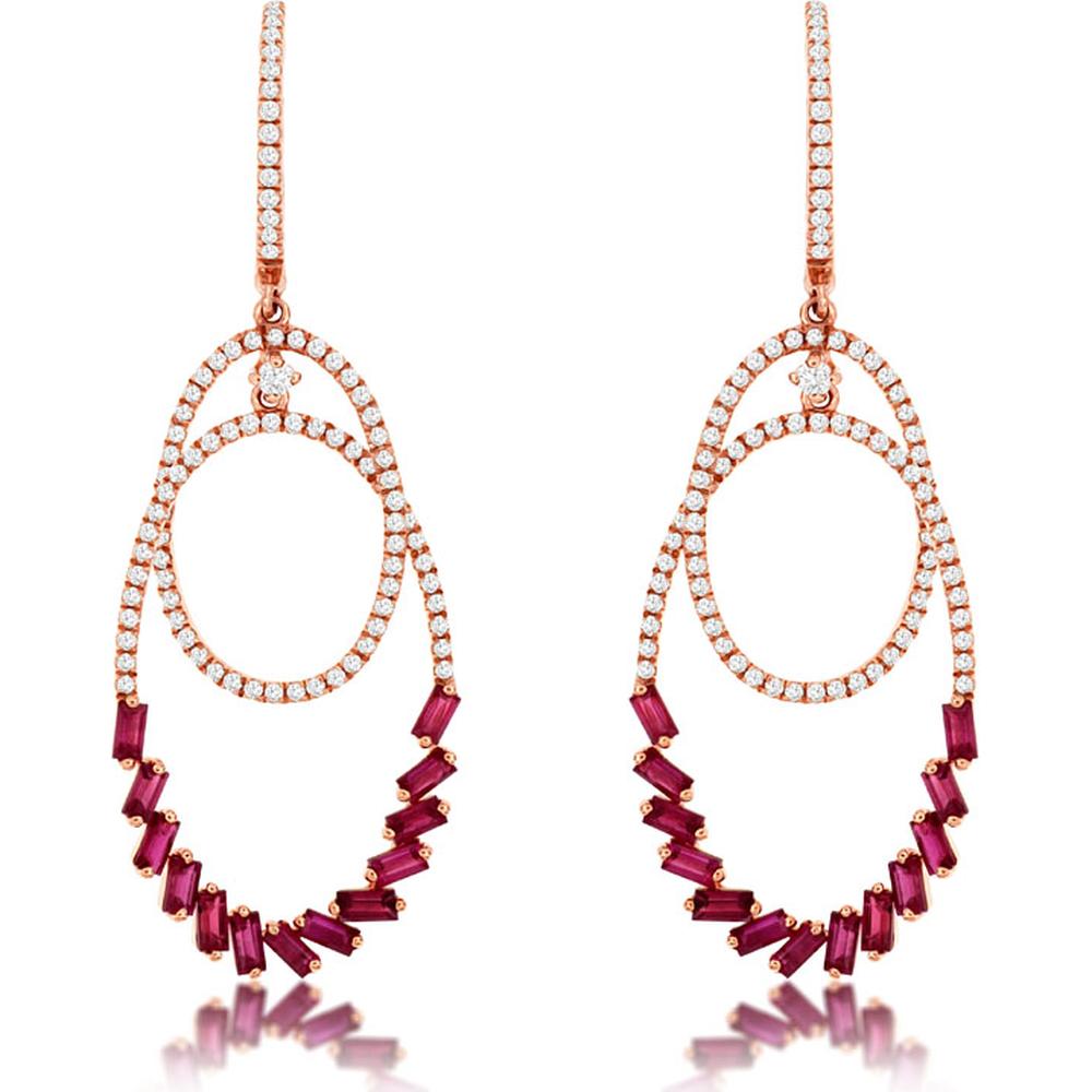 14K Rose Gold Drop Earrings with Baguette Cut Rubies and Round Diamond Details - 1.25 Carat Total Ruby Weight, 0.55 Carat Total Diamond Weight - Royal Jewelry