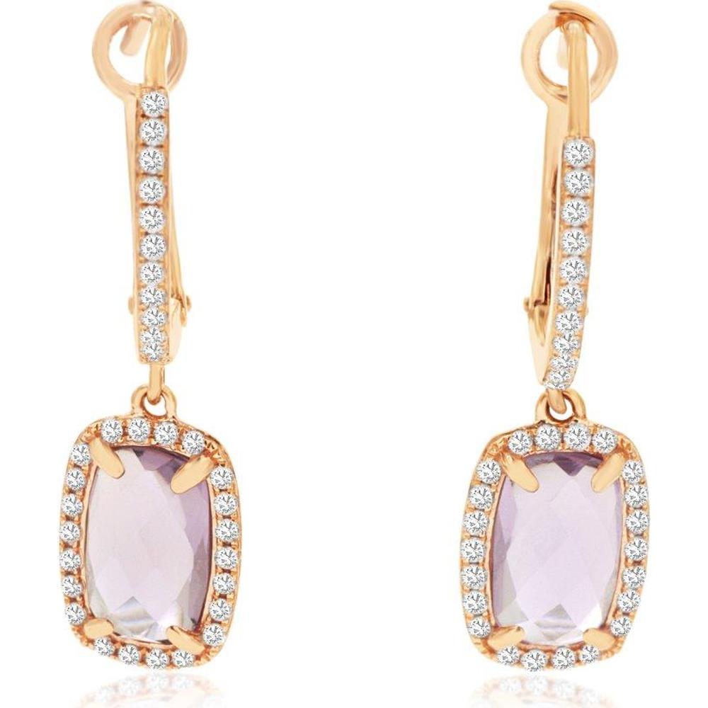 14K Rose Gold Drop Earrings with Cushion Cut Amethyst and Diamond Halo - 2.11 Carats Total Gem Weight