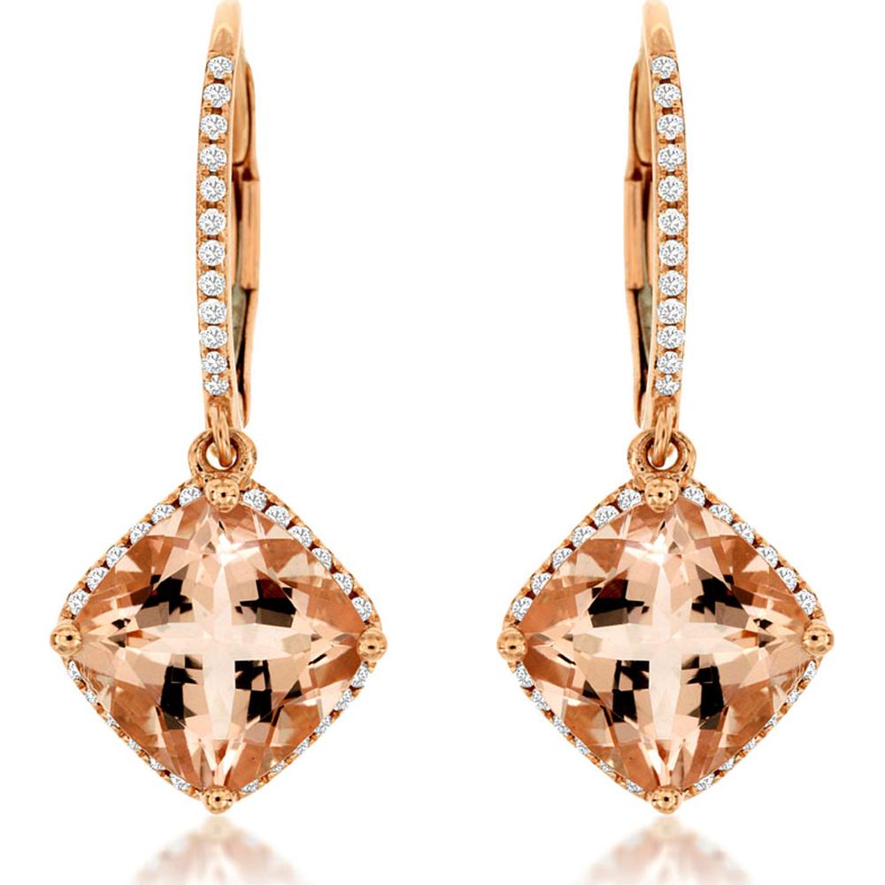 14K Rose Gold Drop Earrings with Cushion Cut Morganite and Diamond Halo - 4.00 Carat Total Morganite Weight, 0.21 Carat Total Diamond Weight - Royal Jewelry