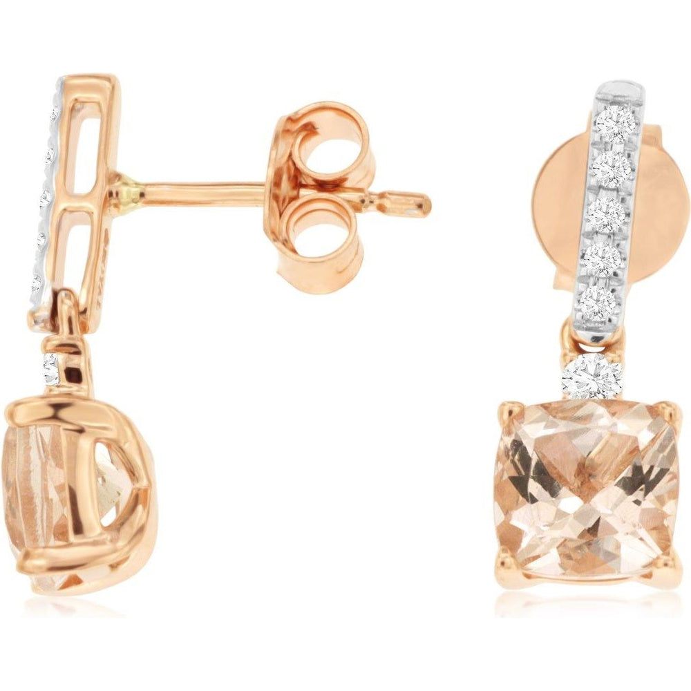 14K Rose Gold Drop Earrings with Cushion-Cut Morganite and Pavé-Set Diamond Accents - 1.70 Carat Total Morganite Weight and 0.14 Carat Total Diamond Weight - Royal Jewelry
