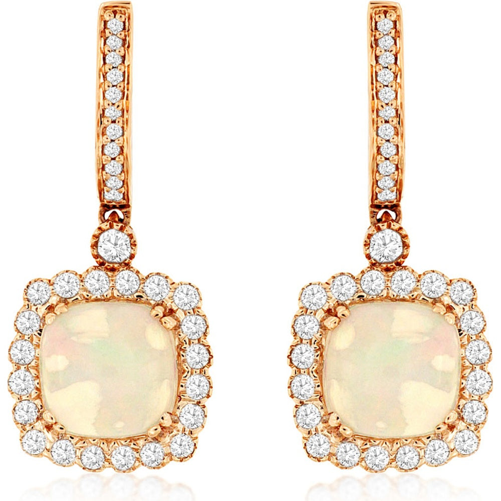 14K Rose Gold Drop Earrings with Cushion-Cut Opals and Diamond Halo - 2.80 Carat Total Opal Weight and 0.68 Carat Total Diamond Weight - Royal Jewelry