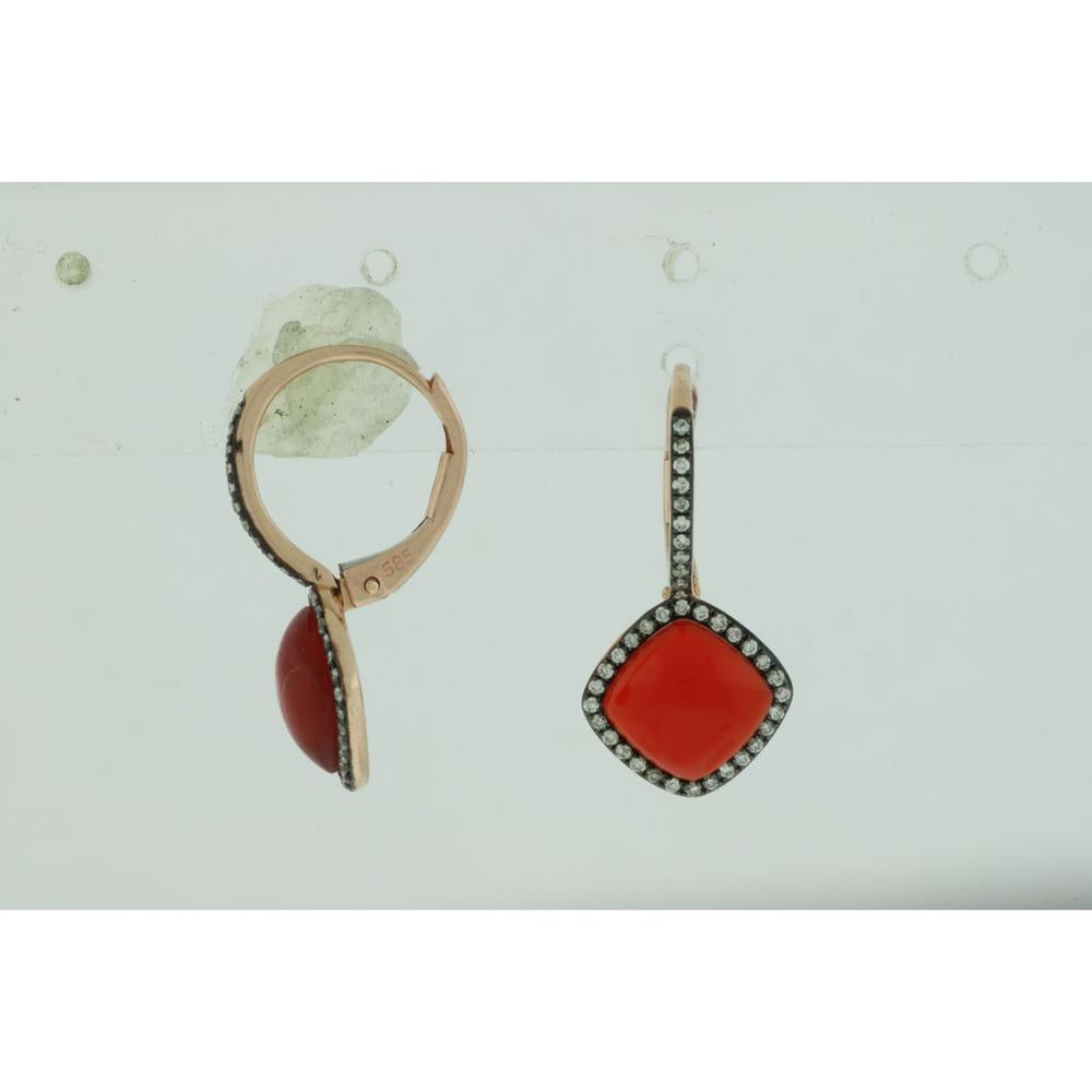 14K Rose Gold Drop Earrings with Cushion Cut Red Agate and Diamond Halo - 0.23 Carat Total Diamond Weight - Royal Jewelry