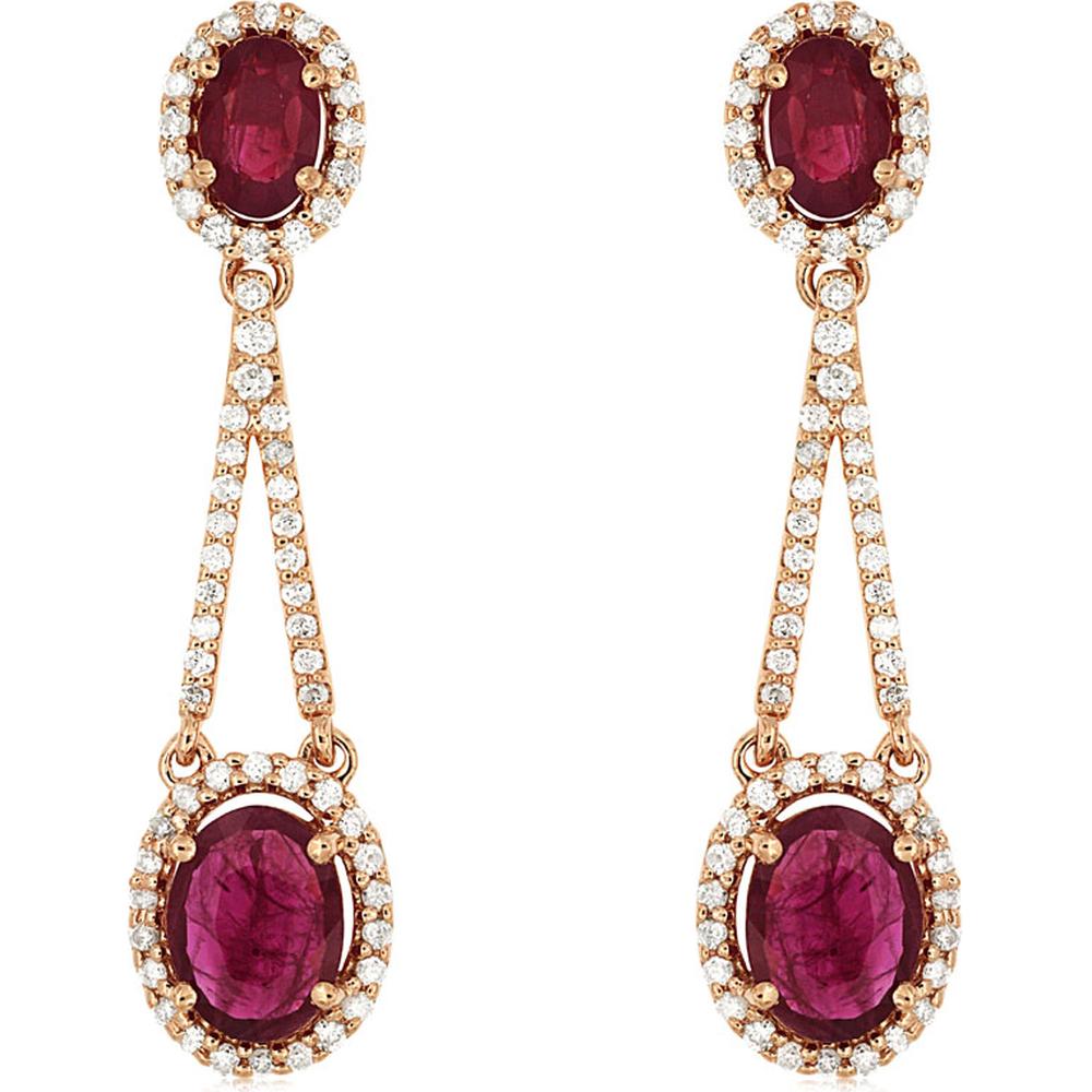 14K Rose Gold Drop Earrings with Diamond Halo and Oval Cut Rubies - 3.65 Carat Ruby Total Weight, 0.67 Carat Diamond Total Weight - Royal Jewelry