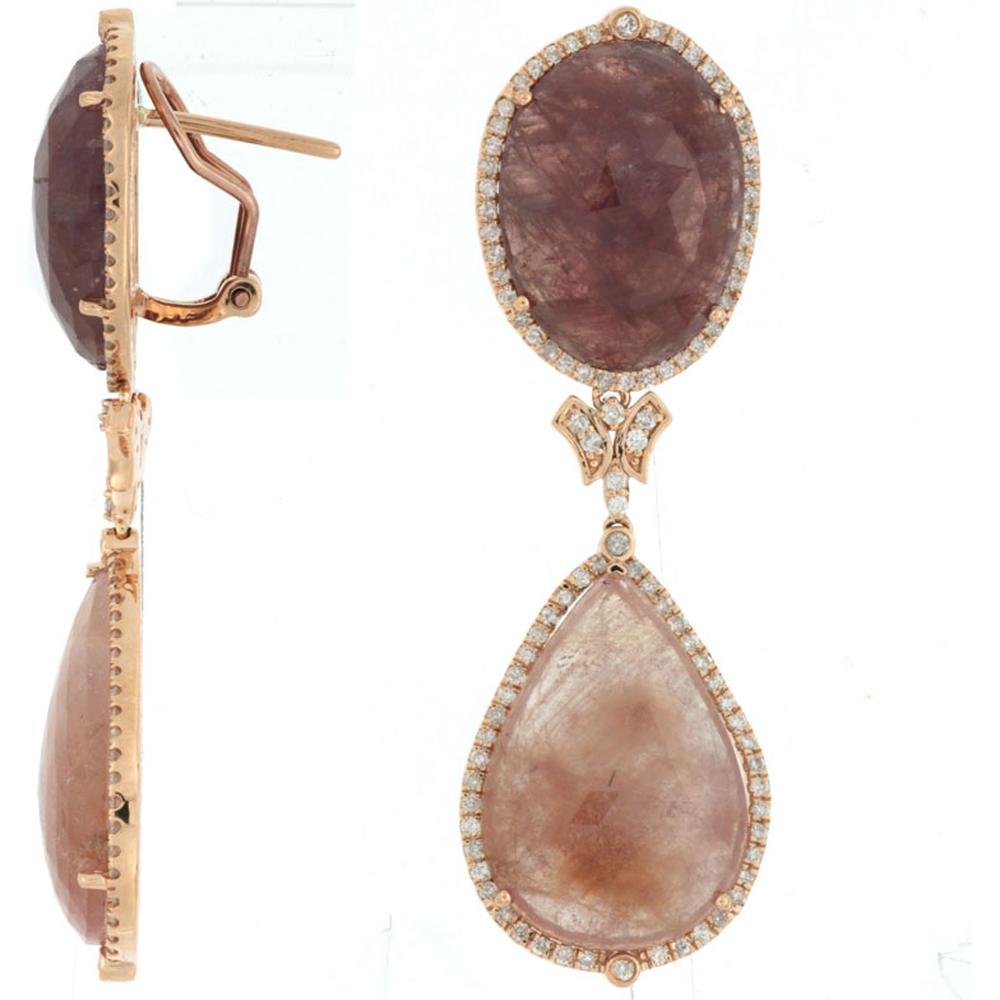 14K Rose Gold Drop Earrings with Halo Set Fancy Sapphires and Diamonds - 22.00 Carats Total Sapphire Weight, 1.00 Carats Total Diamond Weight