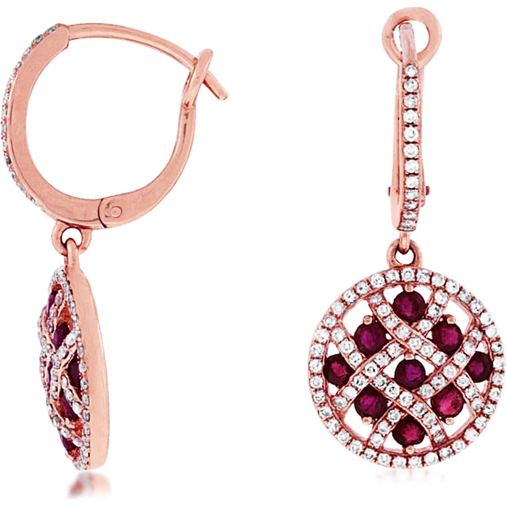14K Rose Gold Drop Earrings with Lattice-Set Round Rubies and Diamond Halo - 0.83 Carat Total Ruby Weight and 0.51 Carat Total Diamond Weight - Royal Jewelry