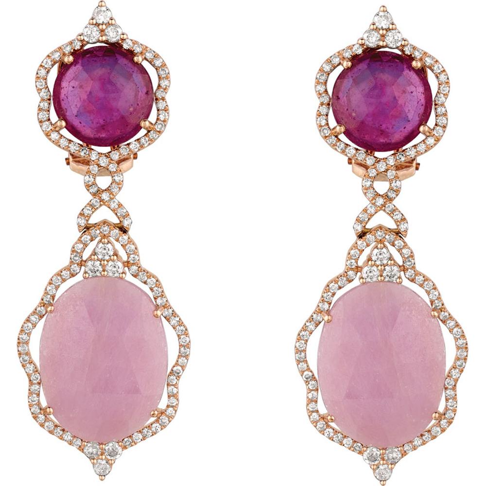 14K Rose Gold Drop Earrings with Multiple Fancy Sapphires and Diamond Halos - 36.00 Carat Total Fancy Sapphire Weight and 1.50 Carat Total Diamond Weight - Royal Jewelry