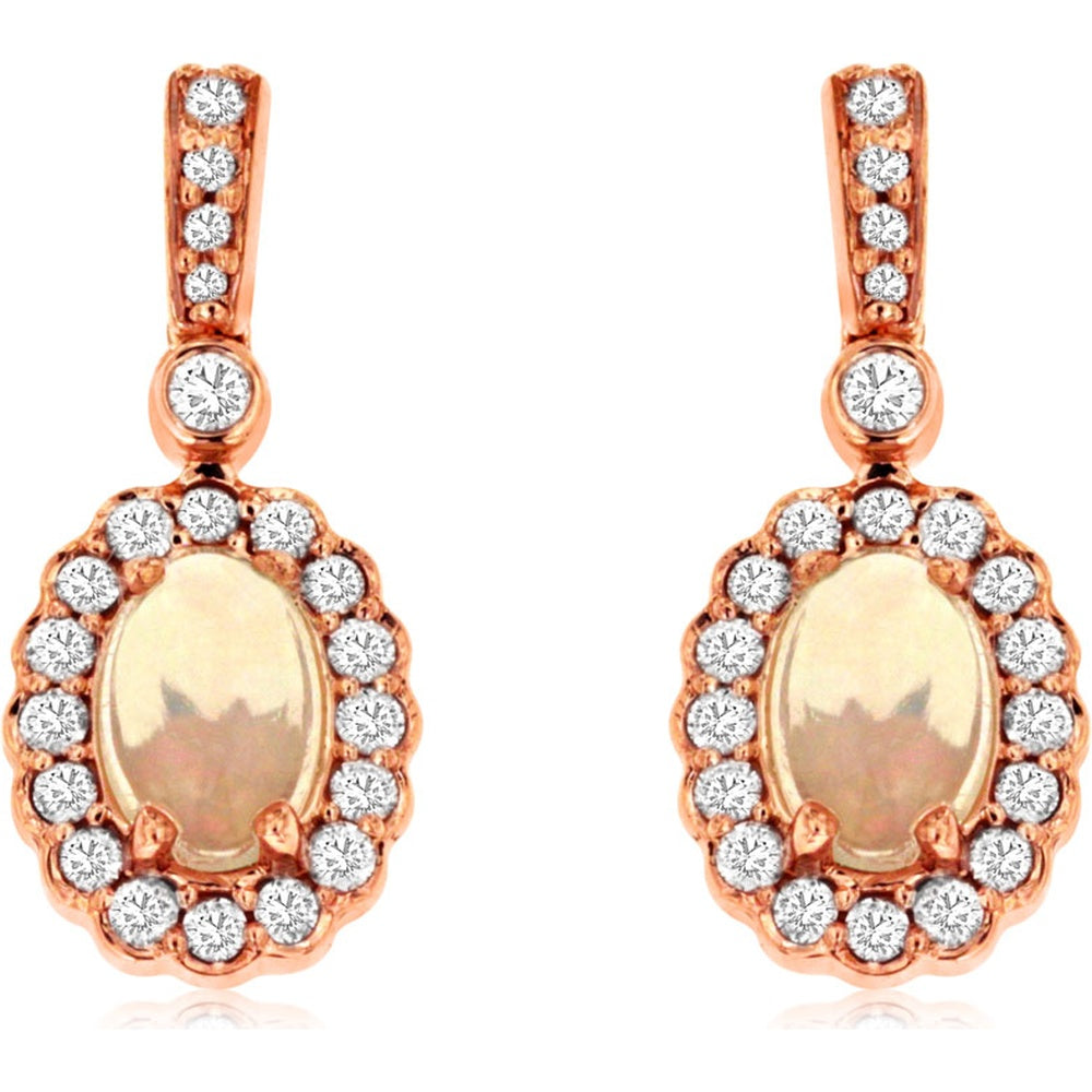 14K Rose Gold Drop Earrings with Oval Cabochon Opals and Diamond Halo - 0.33 Carat Total Diamond Weight and 0.60 Carat Total Opal Weight - Royal Jewelry