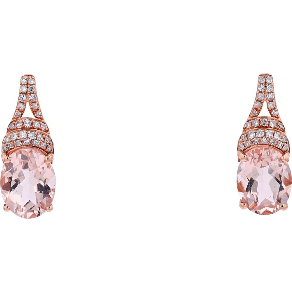 14K Rose Gold Drop Earrings with Oval Morganite - 3.33 Carats and Pavé Diamonds - 0.19 Carats Total Diamond Weight