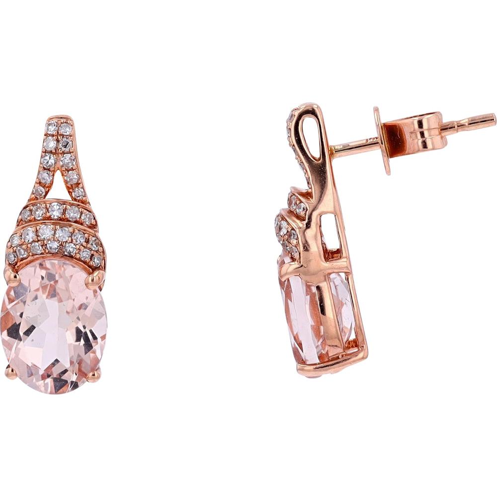 14K Rose Gold Drop Earrings with Oval Morganite - 3.33 Carats and Pavé Diamonds - 0.19 Carats Total Diamond Weight