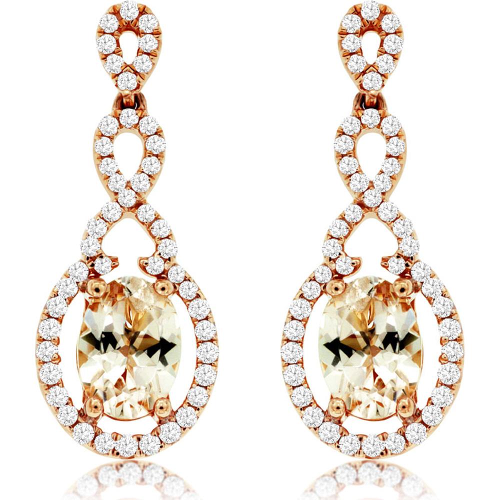 14K Rose Gold Drop Earrings with Oval Morganite and Diamond Halo Accents - 1.30 Carat Total Morganite Weight, 0.42 Carat Total Diamond Weight - Royal Jewelry