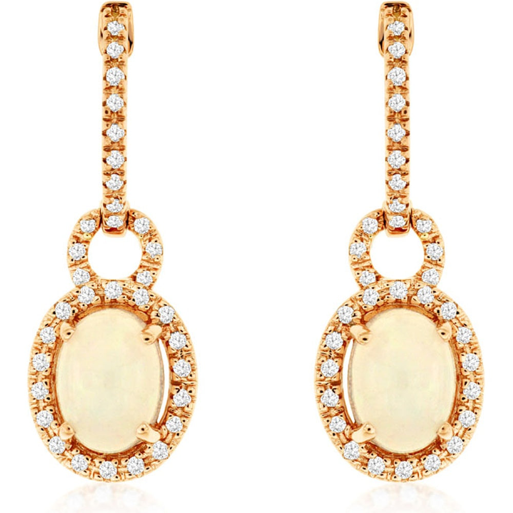 14K Rose Gold Drop Earrings with Oval Opal and Pavé Diamond Halo - 1.80 Carat Total Opal Weight and 0.28 Carat Total Diamond Weight - Royal Jewelry
