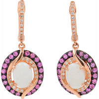 14K Rose Gold Drop Earrings with Oval Opals, Pink Sapphire Halo, and Diamond Accents - 2.27 Carats Total Weight