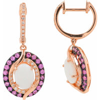 14K Rose Gold Drop Earrings with Oval Opals, Pink Sapphire Halo, and Diamond Accents - 2.27 Carats Total Weight