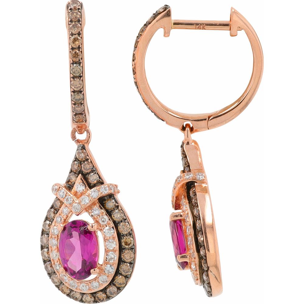 14K Rose Gold Drop Earrings with Oval Rhodolite and Diamond Halos by EFFY - 1.10 Carats Rhodolite, 0.70 Carats Diamond Total Weight