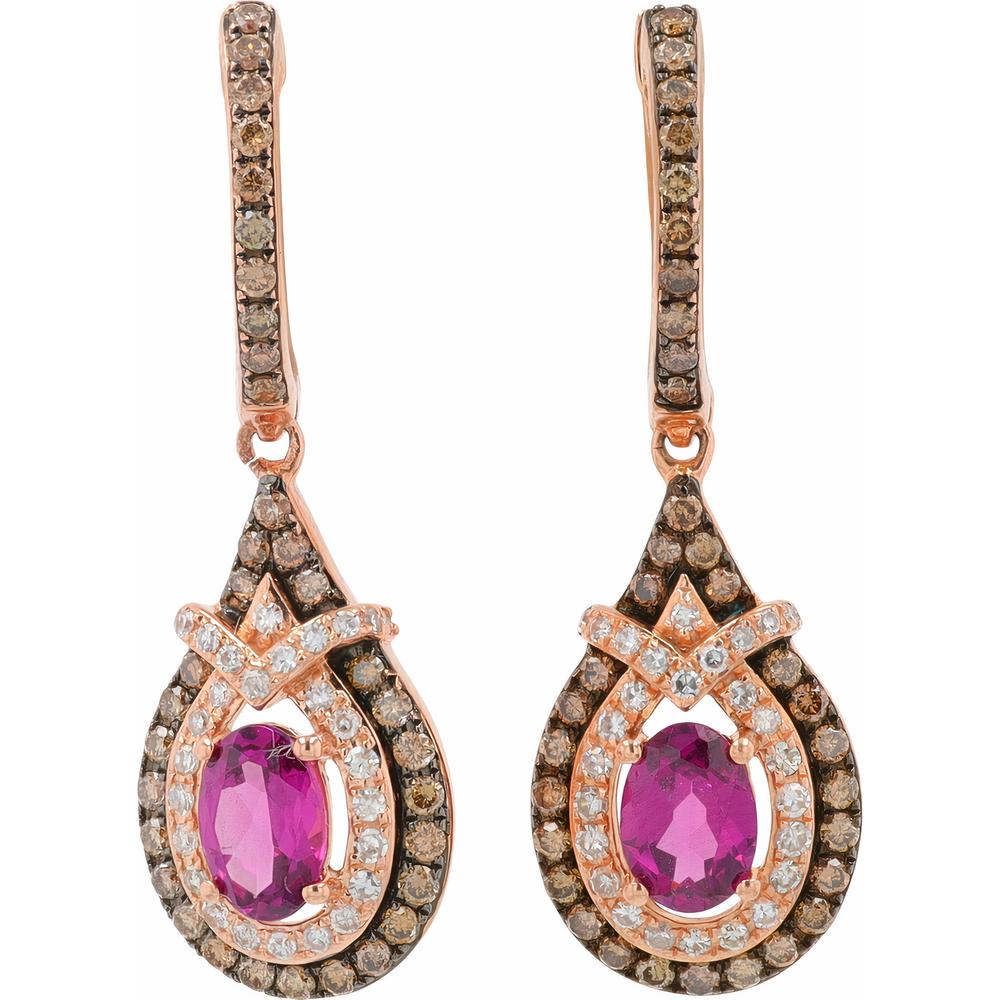 14K Rose Gold Drop Earrings with Oval Rhodolite and Diamond Halos by EFFY - 1.10 Carats Rhodolite, 0.70 Carats Diamond Total Weight