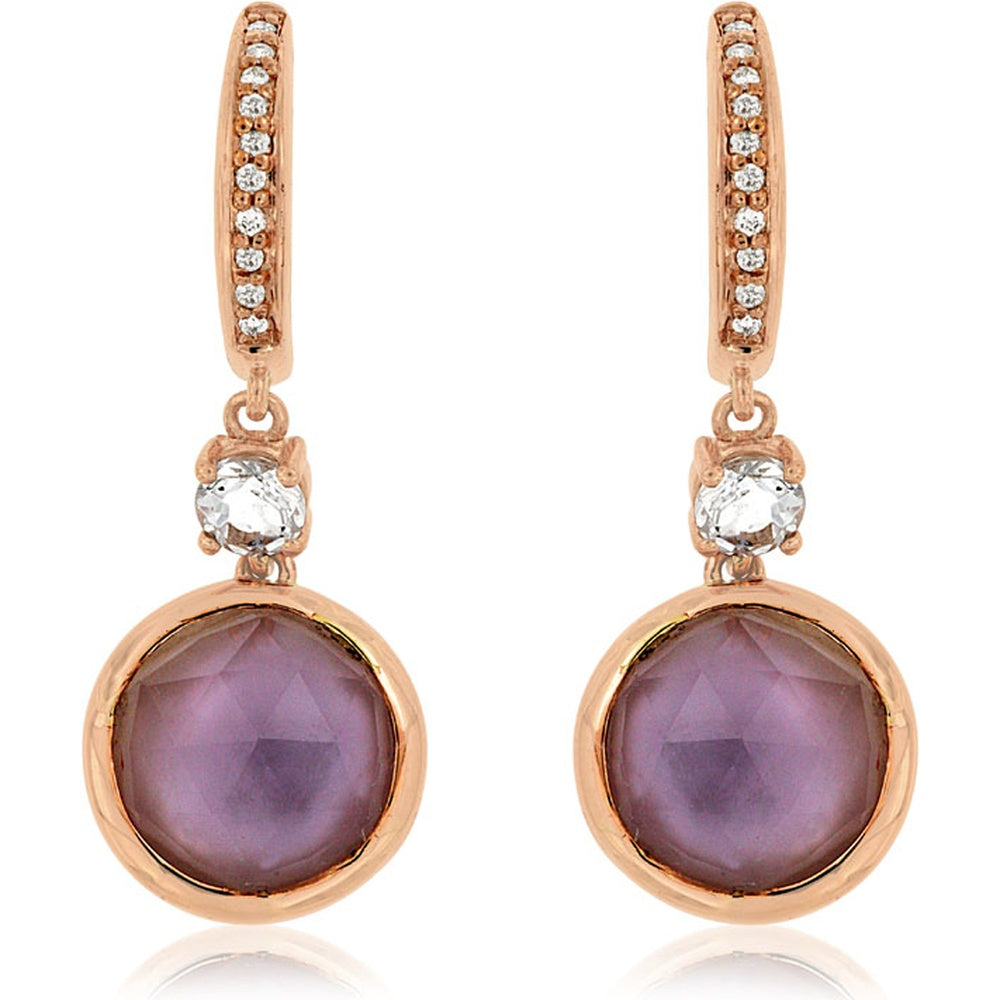 14K Rose Gold Drop Earrings with Pavé Diamond Hoop and Bezel-Set Round Amethysts - 6.50 Carat Total Amethyst Weight and 0.08 Carat Total Diamond Weight - Royal Jewelry
