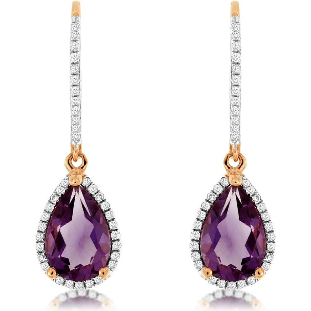 14K Rose Gold Drop Earrings with Pear-Shaped Amethyst and Diamond Halo - 2.10 Carat Total Amethyst Weight and 0.22 Carat Total Diamond Weight - Royal Jewelry